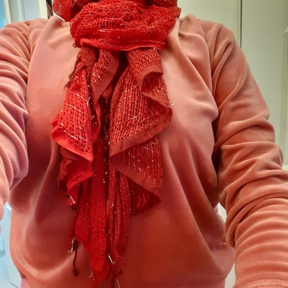 Ruffle Scarf, Deep Red, light silver shimmer. Wonderful fit All around All year - Picture 1 of 4